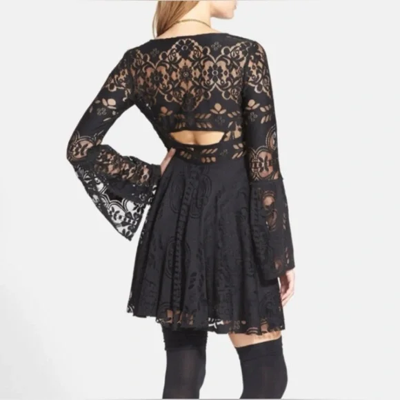 Free People Lover’s Folk Song Black Lace Mini Dress - Picture 4 of 6